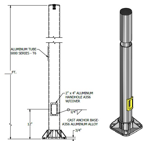 16' Round Aluminum Anchor Base Pole with 5