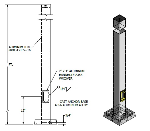 12' Square Aluminum Anchor Base Pole with 4